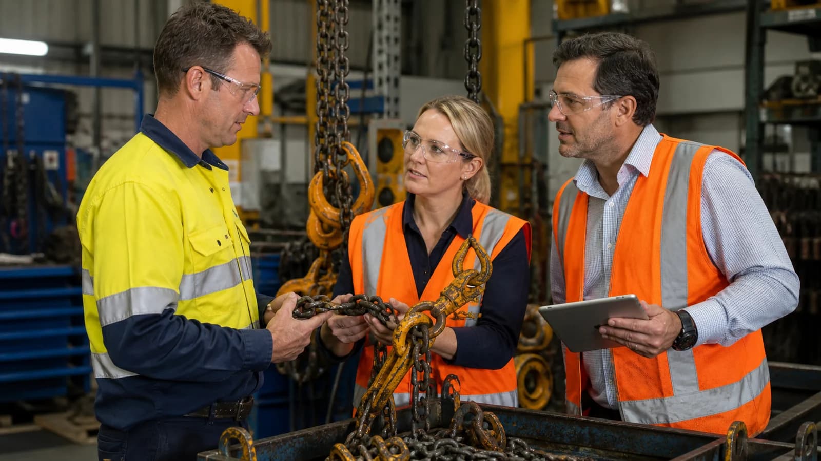 Illustrative visual representing an industrial sales team reviewing lifting equipment
